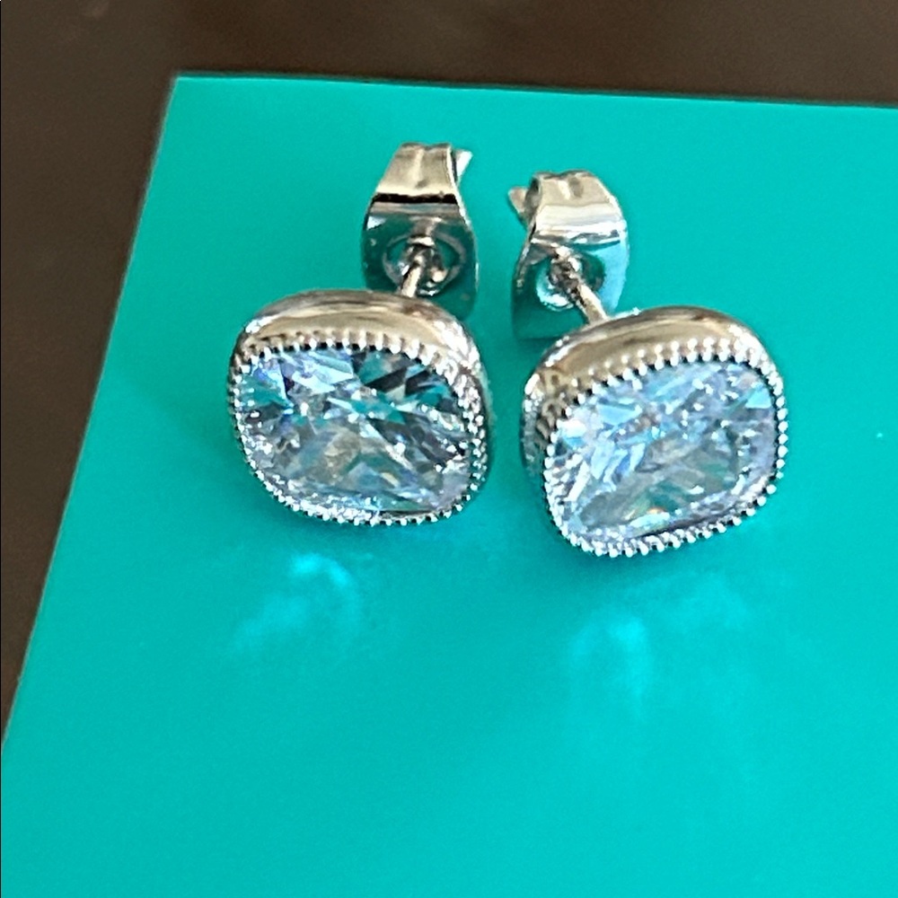 Silver CZ Cushion Stud Earrings - Clear